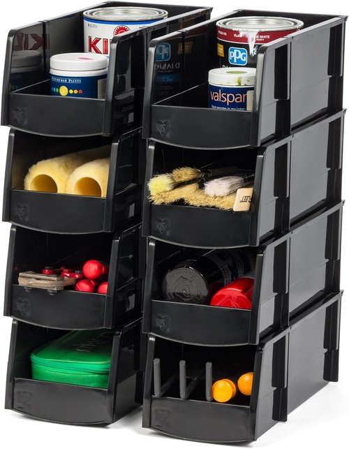 IRIS USA Large Stackable Storage Bins - 8-Pack Open Front Organizers for Garage & Pantry | 13"L x 6"W x 5"H - Black