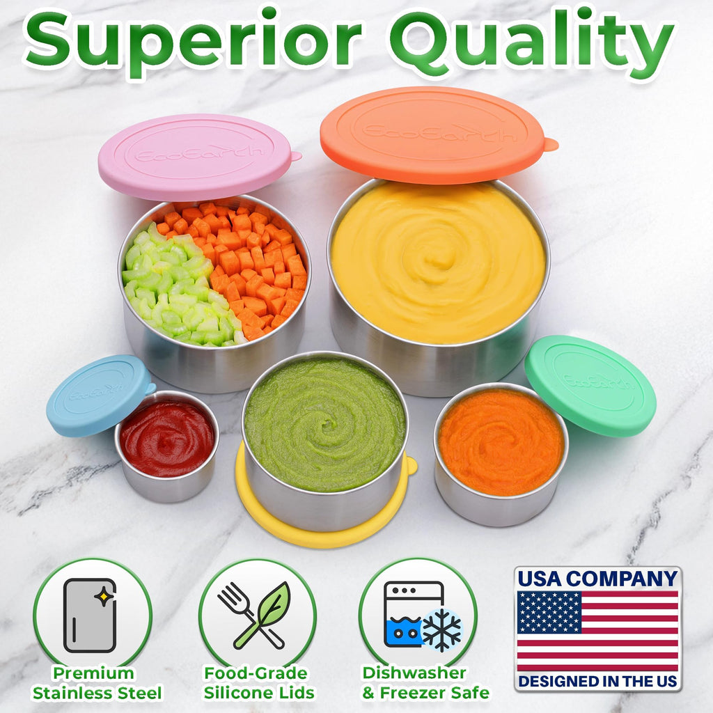 EcoEarth - Stainless Steel Food Storage Containers with Silicone Lids - Stackable Set of 5, Round Nesting Sizes - Meal Prep & Snack Lunch Box Supplies - Plastic Free, Airtight & Leakproof for Travel