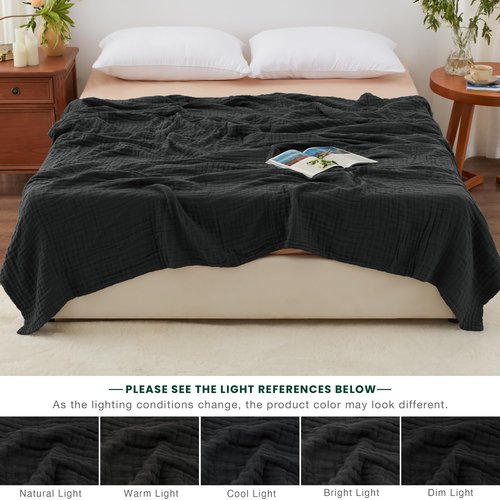 Love's cabin 100% Cotton Muslin Blanket, 6 Layer Lightweight Breathable Gauze King Size Blanket 108 x 90 Inches, Soft Summer Blanket for Bed, Black