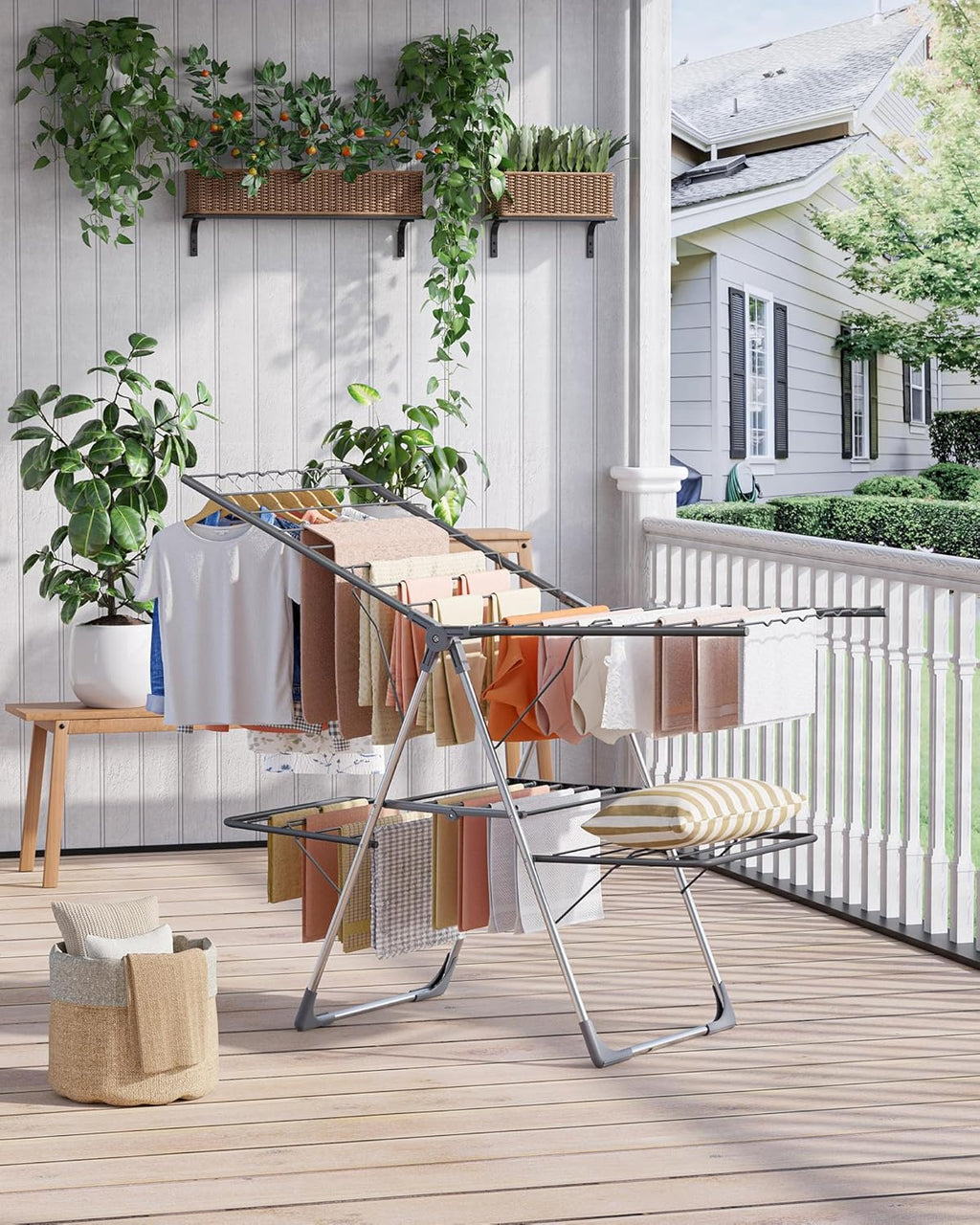 Sakugi Clothes Drying Rack - Foldable 2-Level Design with Height-Adjustable Wings | Space-Saving Indoor & Outdoor Use, Gray, 55.5" L × 22.8" W