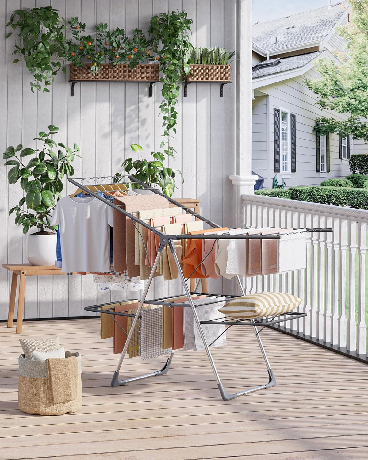 Sakugi Clothes Drying Rack - Foldable 2-Level Design with Height-Adjustable Wings | Space-Saving Indoor & Outdoor Use, Gray, 55.5" L × 22.8" W