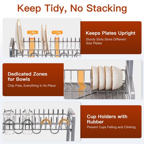 2 Tier Dish Drainer Drying Rack for Kitchen Counter Large Stainless Steel Dishes Drain with Drainboard Set, Space Saving, Big Modern Black Countertop Metal Plate Dryer Strainer Holder and Extra Tray