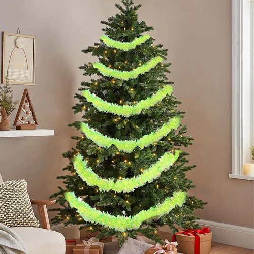 DIYDEC 26.2FT Christmas Tinsel Garland Shiny Iridescent Green Garland Christmas Glitter Foil Metallic Twist Hanging Green Garlands for Xmas Tree Fireplace Home Party Decoration