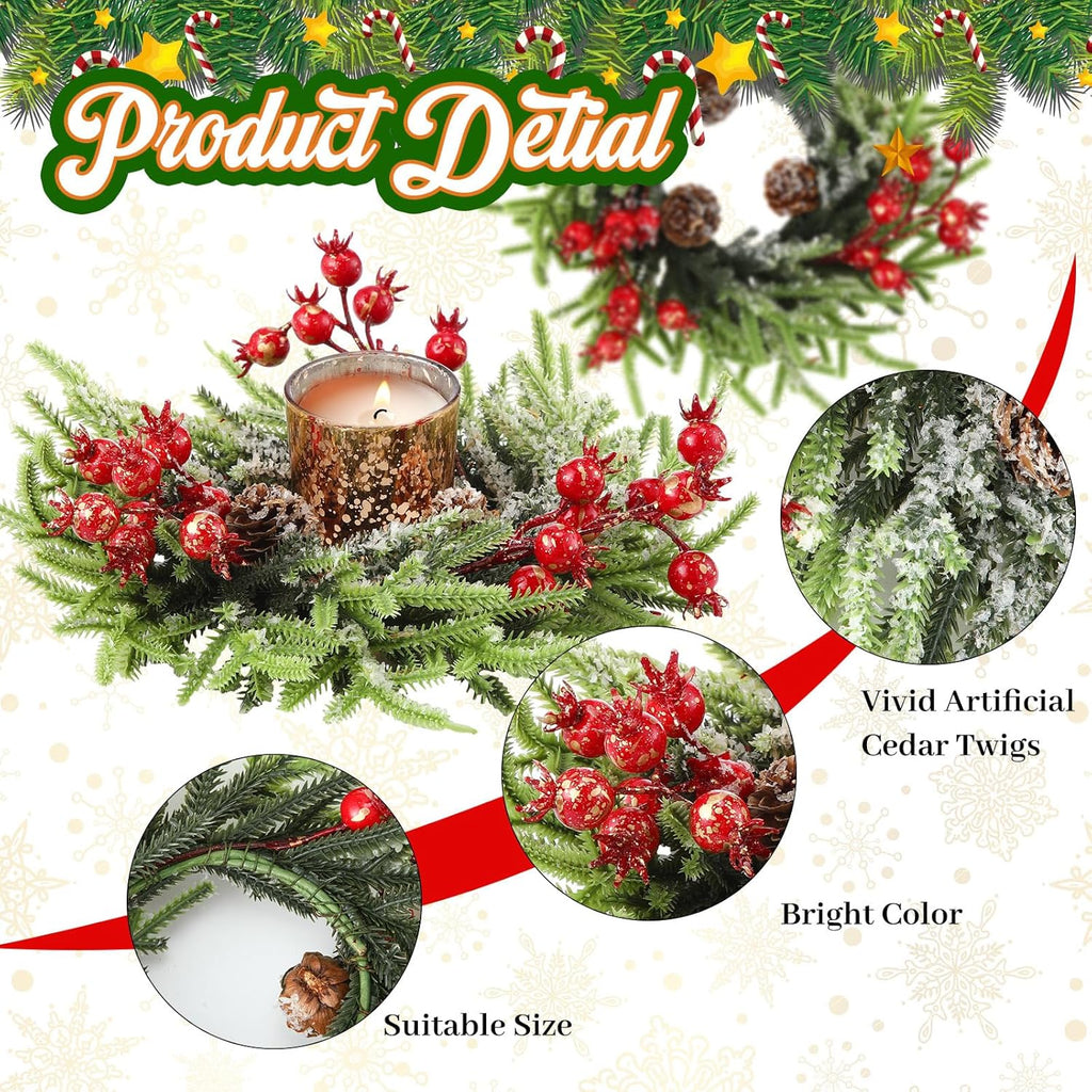 Regine Switzerland 8 Pcs Christmas Candle Rings - 10 Inch Artificial Berries & Pine Cone Wreaths for Rustic Holiday Centerpieces