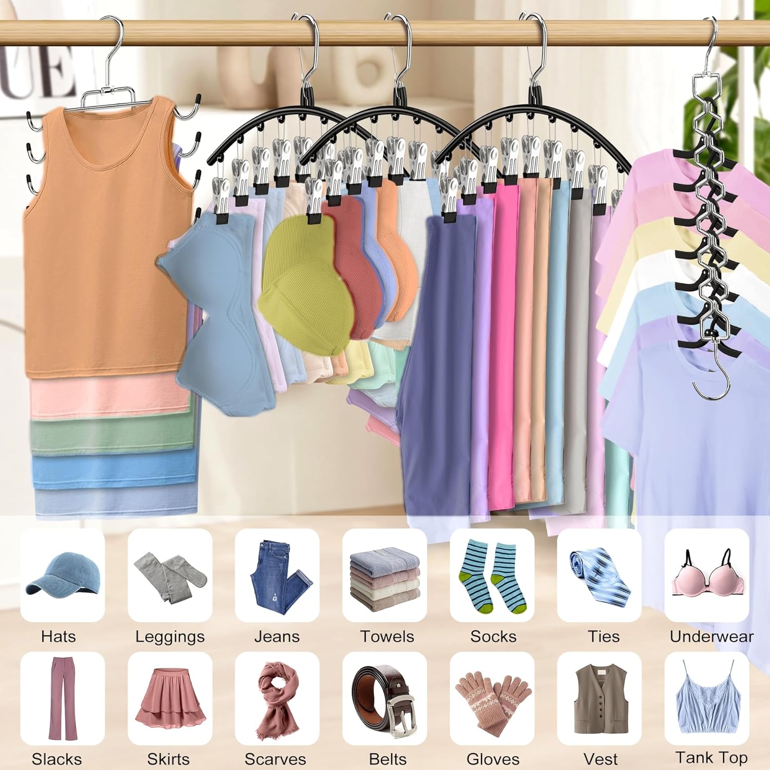 Skiennix Legging Hangers - Space-Saving Closet Organizer with 10 Clips & Tank Top Hanger | 2 Pack