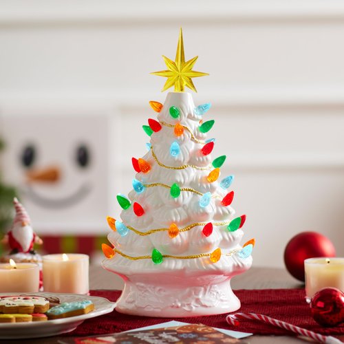 Joiedomi 12” White Christmas Ceramic Tree, Light up Tabletop Xmas Tree with 49 LED Lights, Ceramic Decor with Christmas Design, Xmas Holiday Indoor Office Table Centerpiece Decoration