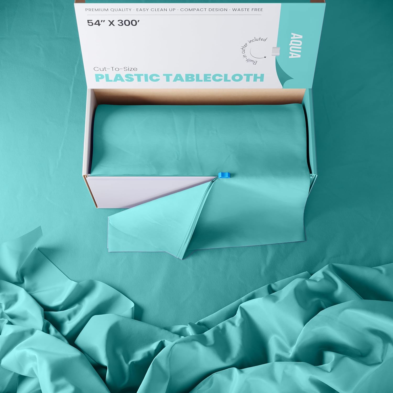 Party Solids Aqua Plastic Table Cover Roll - 54 Inch x 300 Feet with Slide Cutter for Easy Cutting