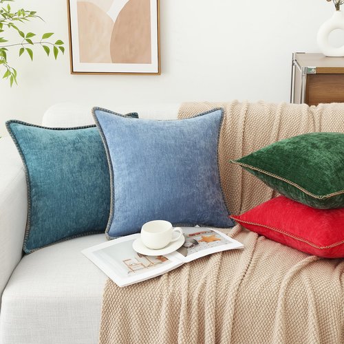 decorUhome Spring Chenille Soft Cozy Throw Pillow Covers 18x18 Set of 2, Modern Farmhouse Boho Velvet Decorative Pillow Cases with Stitched Edge for Couch Sofa Bed Home Decor, Blue