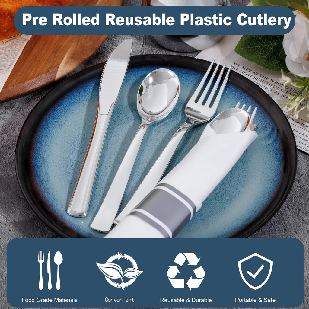 Joyido 400PCS Pre Rolled Silver Plastic Silverware Sets - Heavy Duty Silver Cutlery - Include 100 Pack Wrapped Disposable Utensils with Napkins for Parties & Dinners & Weddings