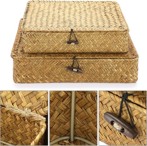 Hipiwe Wicker Storage Bins - Set of 2 Natural Seagrass Baskets with Lids | Multipurpose Home Organizer in Caramel