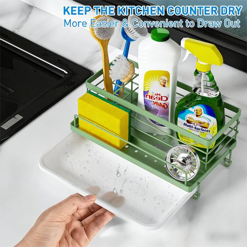 Cisily Sage Green Sponge Holder for Kitchen, Sink Caddy Sink Organizer Rack for Kitchen Accessories with Drip Tray, Rustproof and Non-slip, Soap Dispenser Countertop Organizer Essentials for New Home