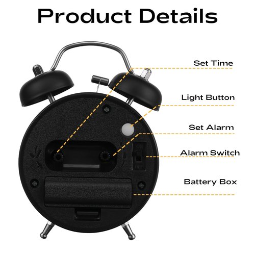 AKCISOT Loud Alarm Clock for Heavy Deep Sleepers,3 Inches Analog Metal Twin Bell Clocks Battery Operated with Backlight for Bedroom Bseide, Old Fashioned for Desk Home Decoration (Black)