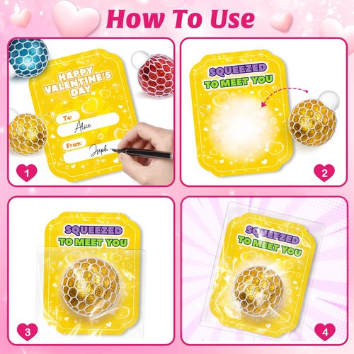 SpringFlower Valentines Day Cards for Kids School, 24 Pack Valentines Cards with Squeeze Stretch Fidget Toy Balls,Valentines Day Gifts for Classroom Exchange,Valentines Party Favors Prizes for Kids