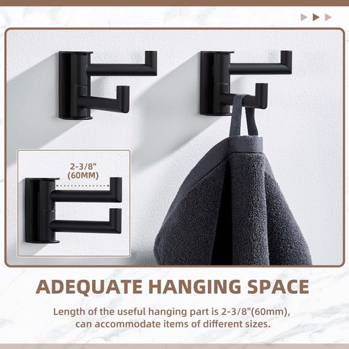 Suyar Double Towel Hook Matte Black, SUS 304 Stainless Steel Heavy Duty Wall Hook for Bathroom, Swivel Coat Holder, Towel Hanger with 2 Foldable Arms, 2 Pack
