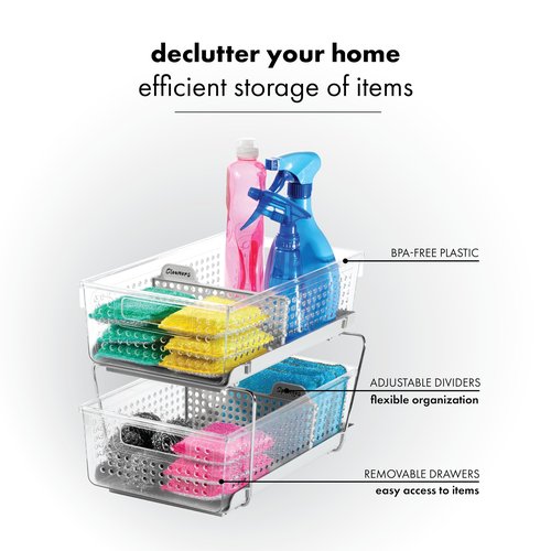 madesmart 2 Tier Organizer, Under Cabinet Storage with Pull Out Sliding Drawers, for Cleaning Supplies, Undersink, Sponges, Bottles & Bath, Adjustable Dividers & Pull Out Baskets, Grey
