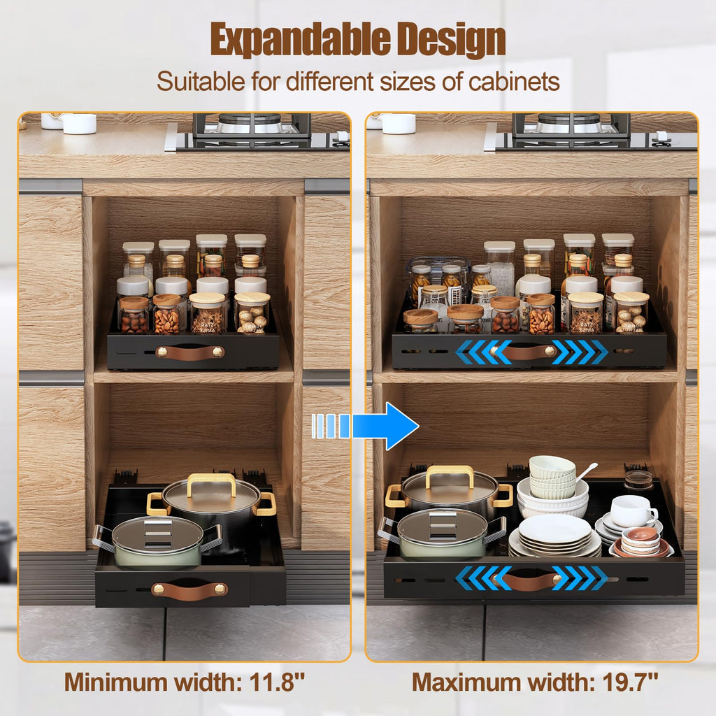 Livofloral Pull Out Cabinet Organizer, Expandable(11.8"-19.7" W) Slide out Drawers for Kitchen Cabinets Fixed with Adhesive Nano Film, Pull out Shelves for Kitchen Pantry Organization, Black, 1 Pack