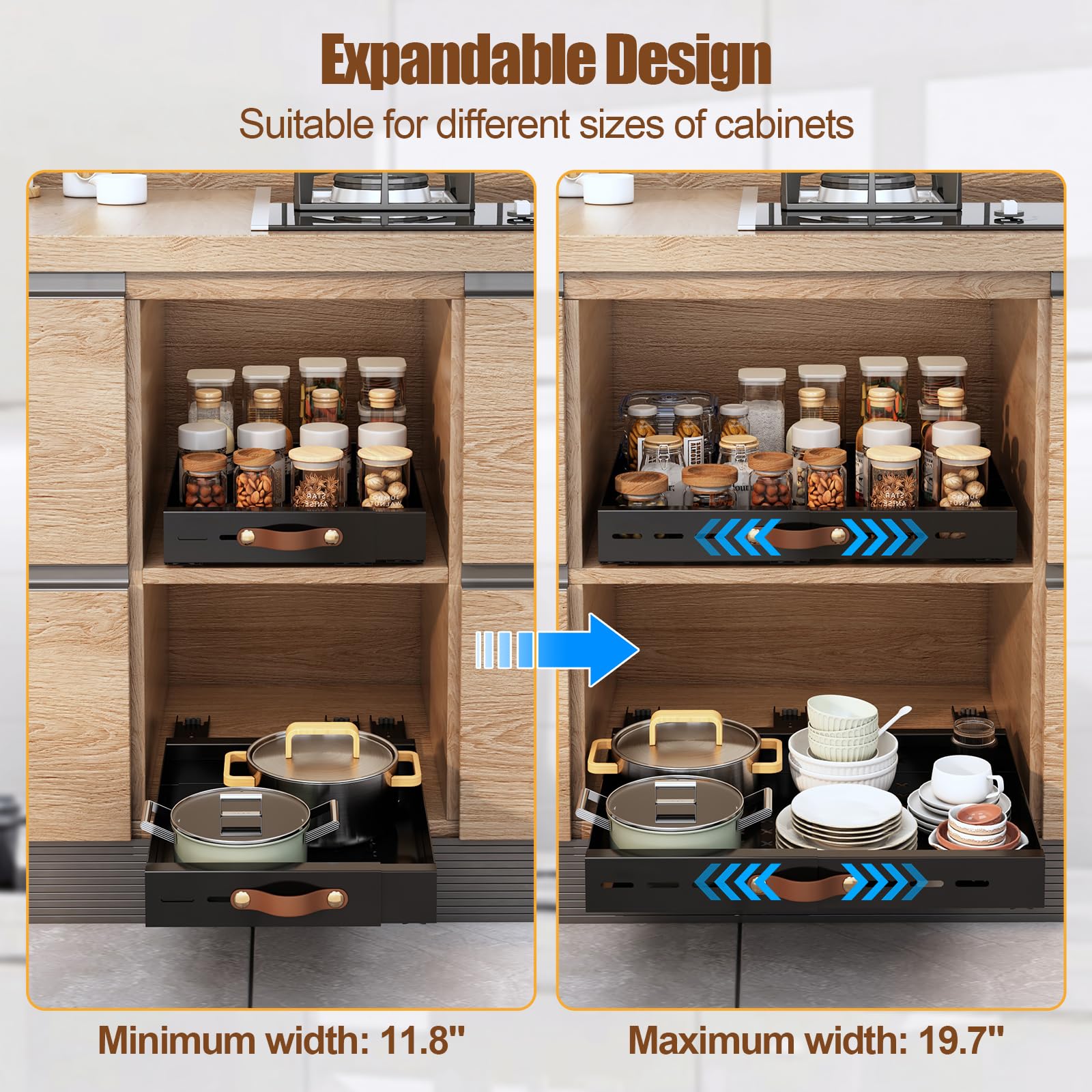 Livofloral Pull Out Cabinet Organizer, Expandable(11.8"-19.7" W) Slide out Drawers for Kitchen Cabinets Fixed with Adhesive Nano Film, Pull out Shelves for Kitchen Pantry Organization, Black, 1 Pack