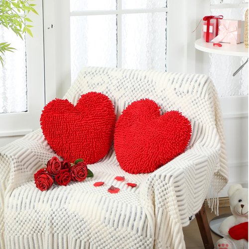Memorywuu 2 Pcs Valentine's Day Heart Shaped Pillow 14 Inch Heart Chenille Pillow Cushion Plush Soft Throw Cushion with Removable Cover for Sofa Couch Bed Women Valentine's Gifts(Red)