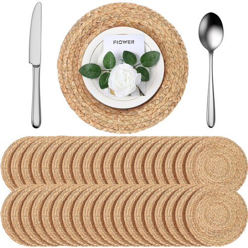 FoldTier 40 Pcs Round Placemats Bulk Plate Chargers Set 11.8 Inch Woven Placemat Rustic Braided Straw Rattan Charger Natural Water Hyacinth Place Mat for Wedding Party Table Single Tableware Use