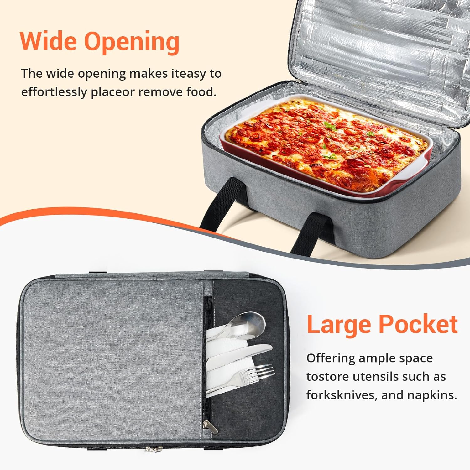 Skiennix Insulated Casserole Carrier - Versatile Lunch Tote for Hot or Cold Food | Fits 9"x13" Dish - Grey