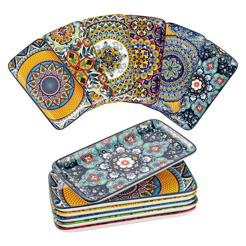 HENXFEN LEAD Boho Ceramic Dinner Plates 10 Inch – Large Rectangular Serving Plates Set of 6 for Salad, Sushi & Main Dishes, Microwave & Dishwasher Safe