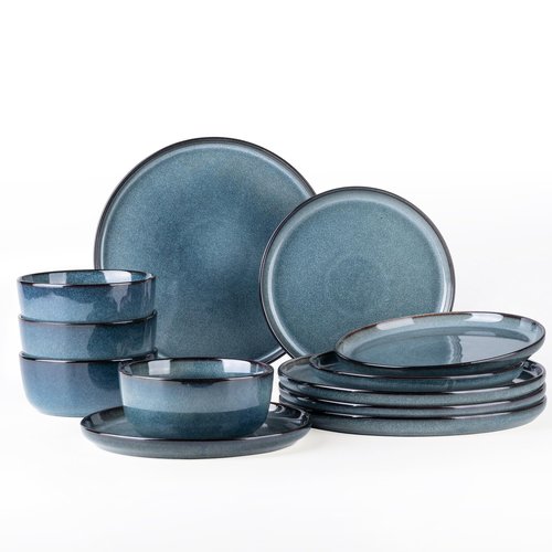 GBHOME Dinnerware Sets for 4, 12 Pieces Stoneware Plates and Bowls Sets, Scratch Resistant Ceramic Dishes, Dishwasher & Microwave Safe, Reactive Glaze-Blue Horizon
