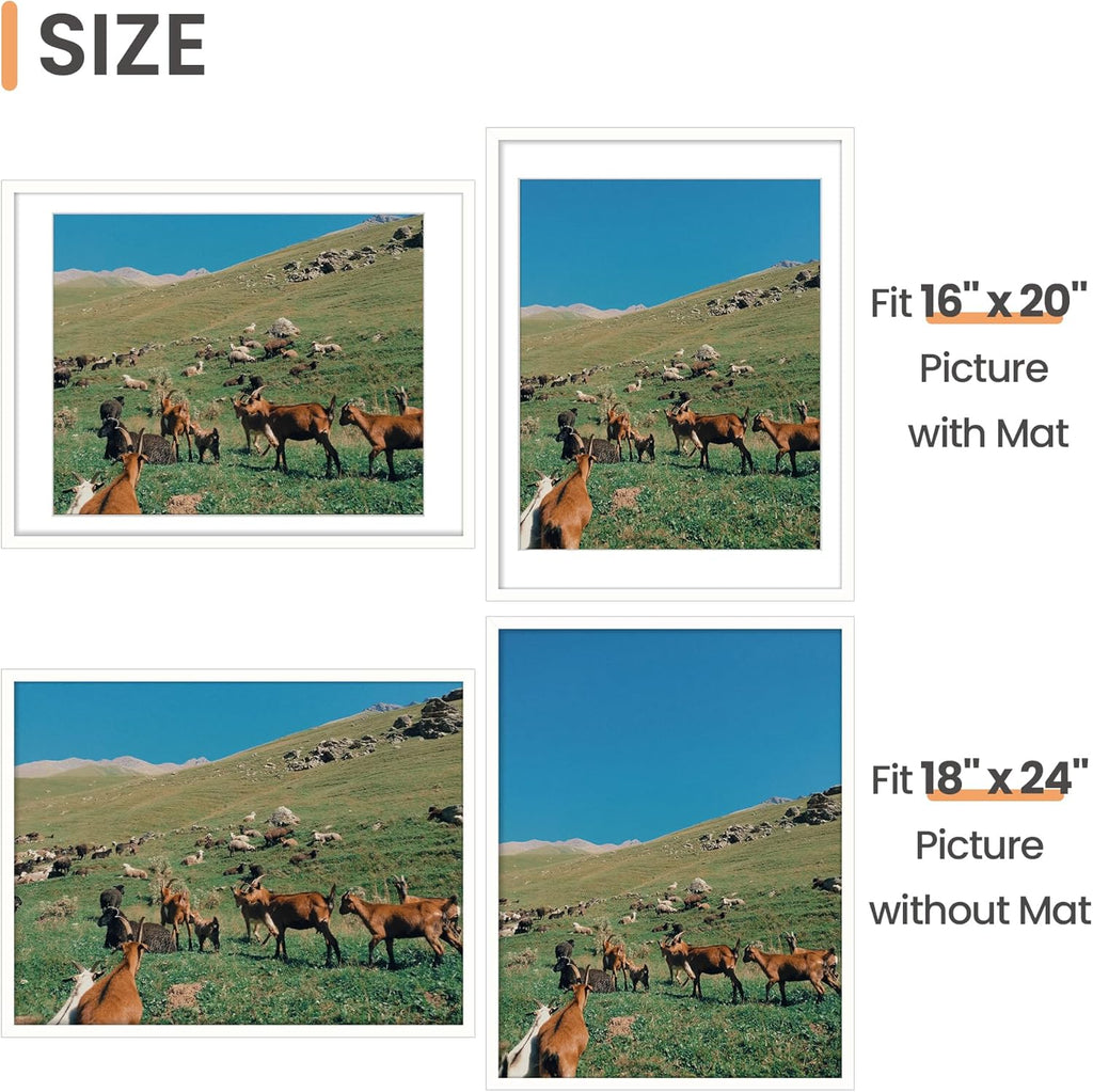 Upsimples 18x24 Picture Frame - Versatile Display for 16x20 with Mat or 18x24 Without - White, 1 Pack