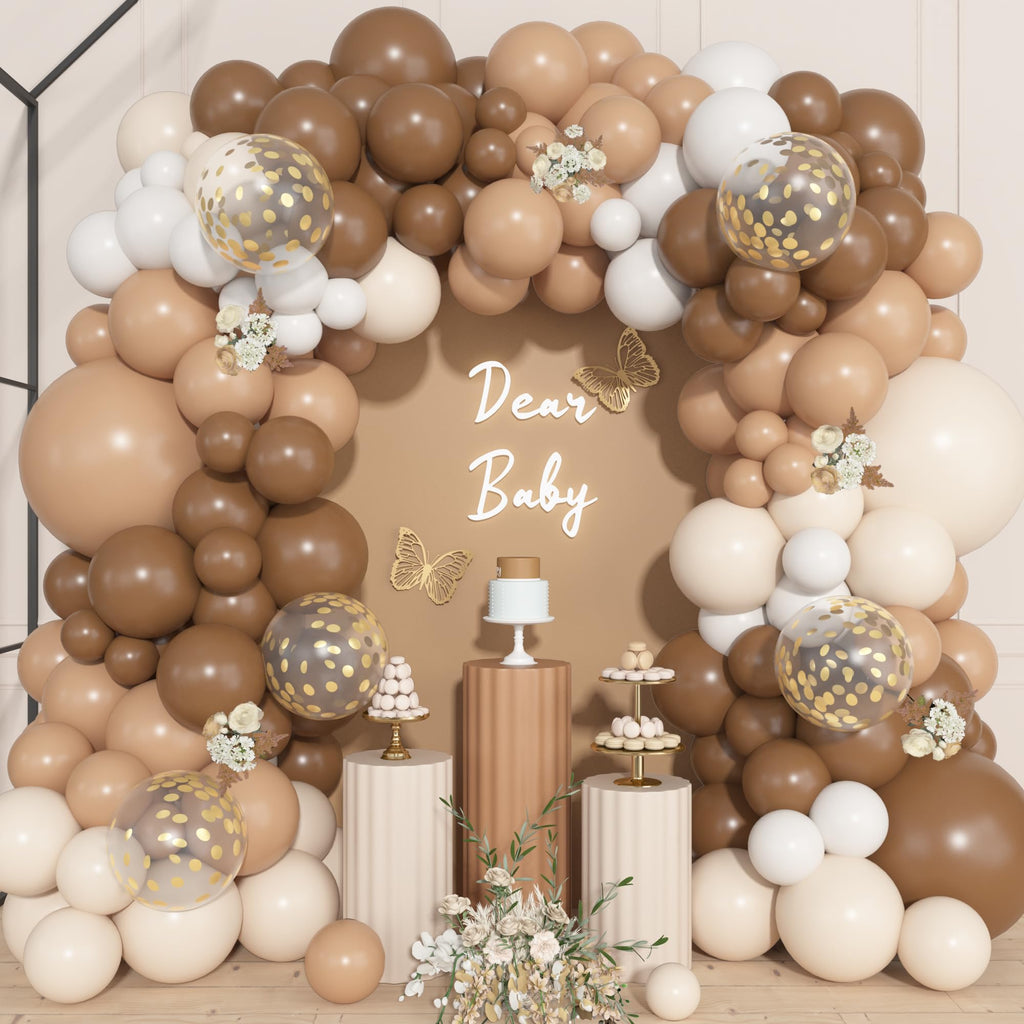 Ouddy Life 157 Pcs Brown Balloons Garland Arch Kit, Beige Nude Neutral White Gold Confetti Different Size Balloon for Birthday Teddy Bear Baby Shower Neutral Woodland Wild One Wedding Party Decoration