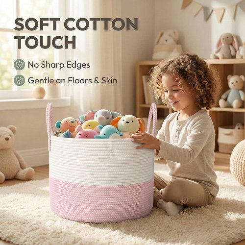 JMvicyroam Extra Large Blanket Basket - Woven Cotton Rope Laundry Hamper with Reinforced Handles | White & Pink, 115L Storage Bin for Pillows, Comforters & Toys