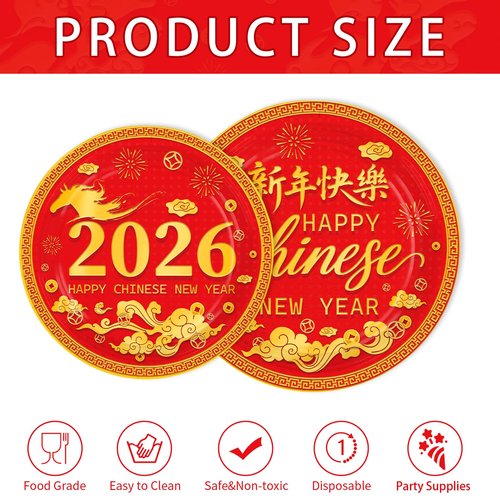 Greencian 200Pcs Chinese New Year Decorations Lunar New Year Paper Plates and Napkins Spring Festival DisposableTableware for 2026 Happy Chinese Spring Festival Decorations Serves 50
