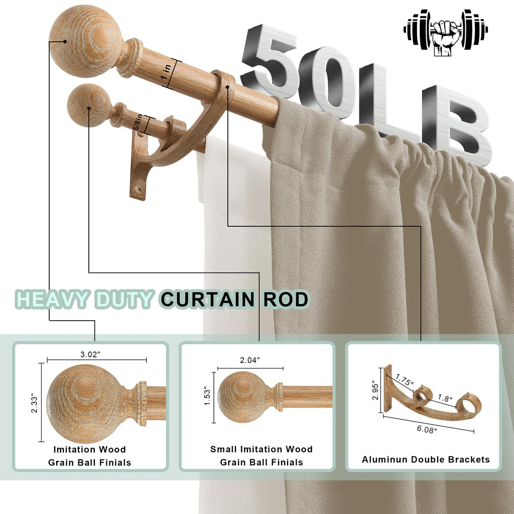 Double Wooden Curtain Rods for Windows 72 to 144 Inches,1 Inch Front and 5/8 Inch Back Boho Curtain Rod with Imitation Wood Grain Ball Finials and Double Aluminum Bracket,Light Wood Grain