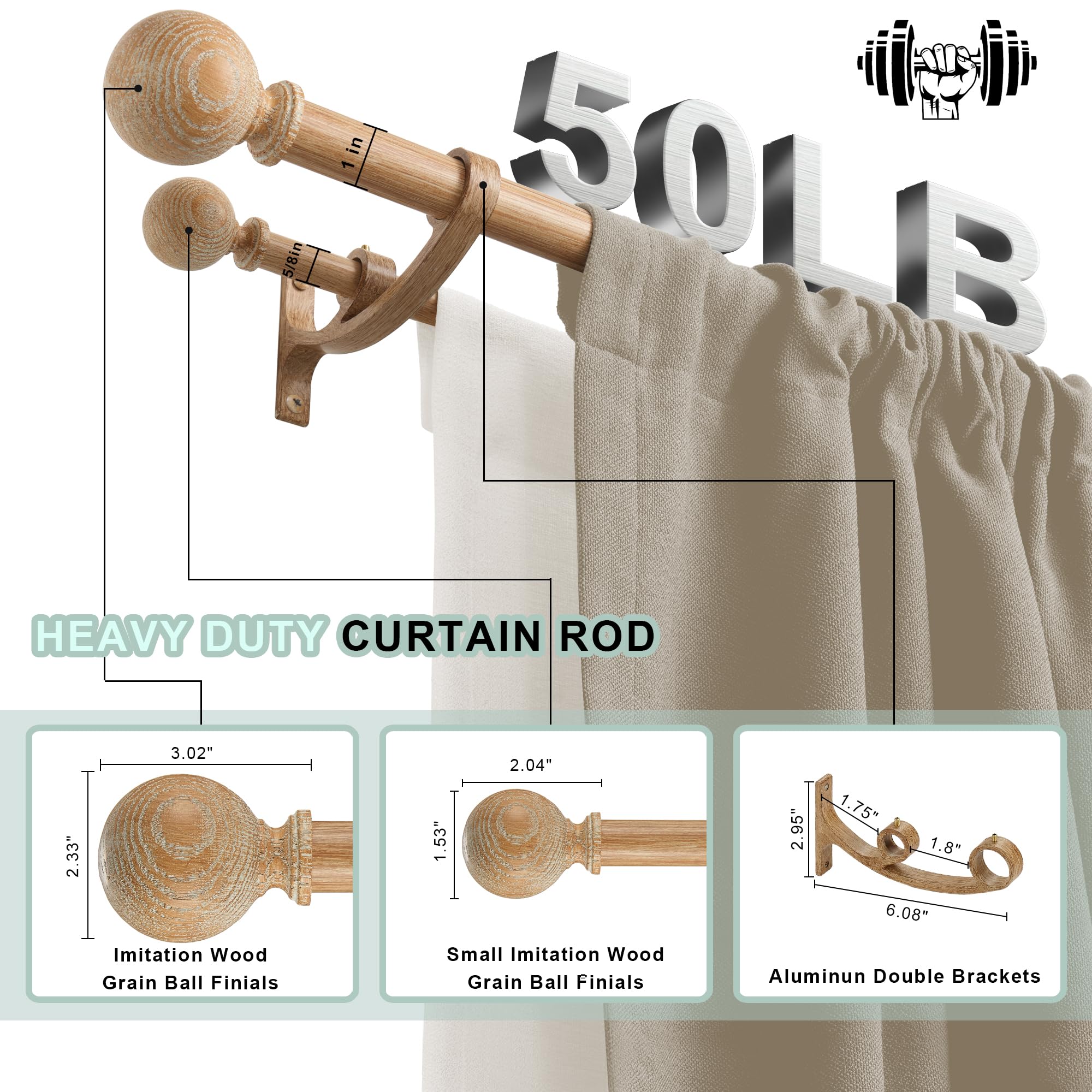 Double Wooden Curtain Rods for Windows 72 to 144 Inches,1 Inch Front and 5/8 Inch Back Boho Curtain Rod with Imitation Wood Grain Ball Finials and Double Aluminum Bracket,Light Wood Grain