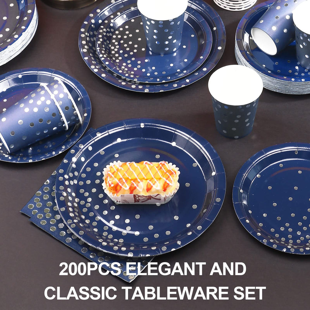 Gudvilla 200pcs Blue and Silver Party Deorations Birthday Plates Disposable-Serve 50 Guests,Navy Blue Plates and Napkins Party Supplies for Wedding Anniversary Retirement Graduation Decorations