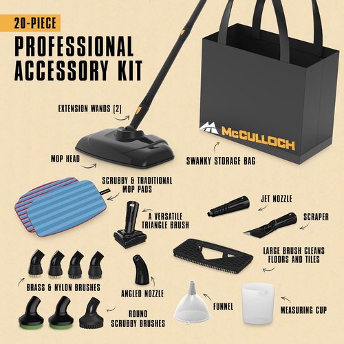 McCulloch Canister Steam Cleaner MC1375 - 90-Minute Runtime with 20 Accessories for Home & Car Detailing