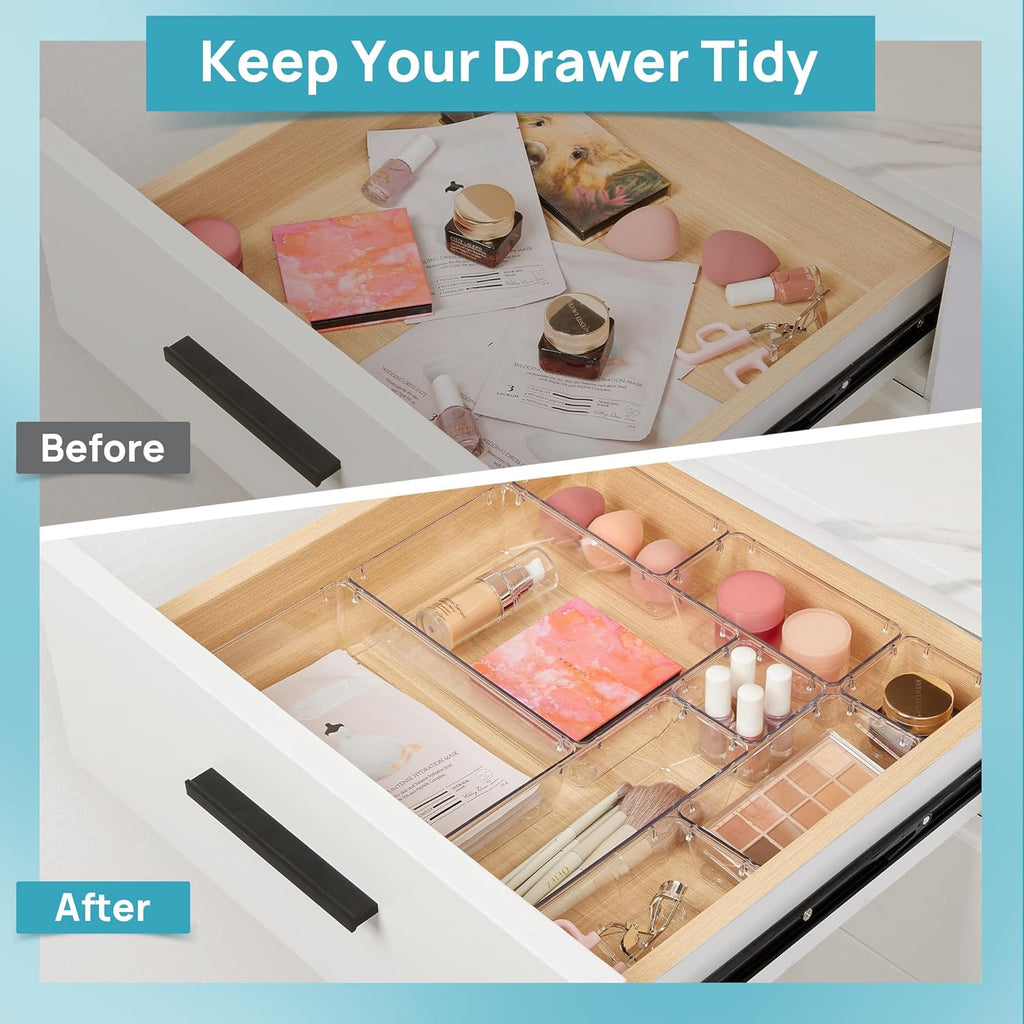 Vtopmart Makeup Drawer Organizer Set - 10 Clear Plastic Bins for Cosmetics, Jewelry & Office Supplies