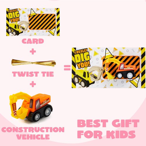 JOYIN 28 Valentine's Day Mini Construction Vehicle Greeting Cards for Kids Classroom Exchange Prizes, Construction Truck Toys Party Favor Gifts