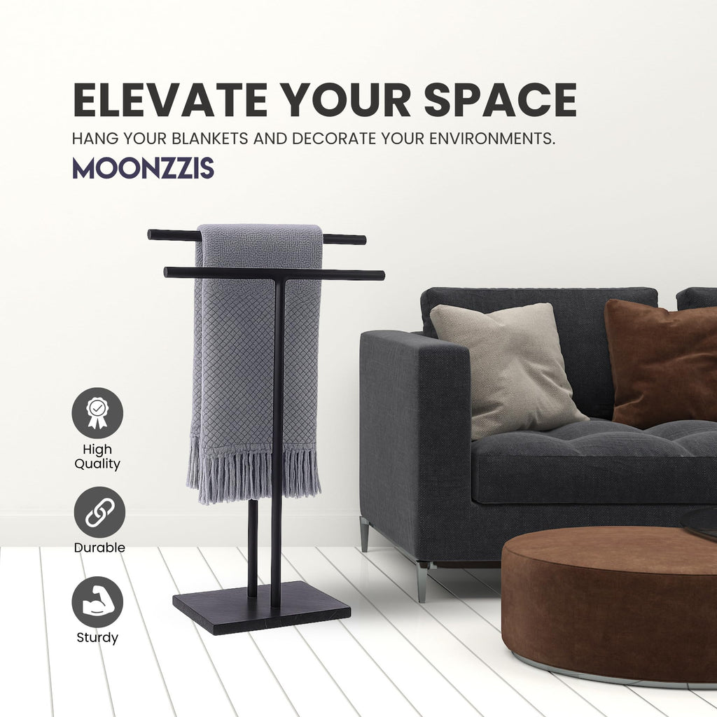 MOONZZIS 40" Standing Towel Rack - Floor Double-T Shape Bath Sheet Holder, Standing Towel Racks for Bathroom, Free Standing Towel Rack, Matte Black Finish, Marble Type Base 6.6lbs