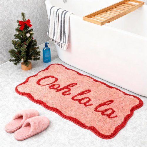 Drydiet Valentines Pink Bathroom Rugs 20 x 31 Inch Ooh La La Funny Bath Mat Non Slip Cute Washable Doormat for Valentines Winter Holiday Bathroom Shower Outdoor Indoor Front Porch Decor