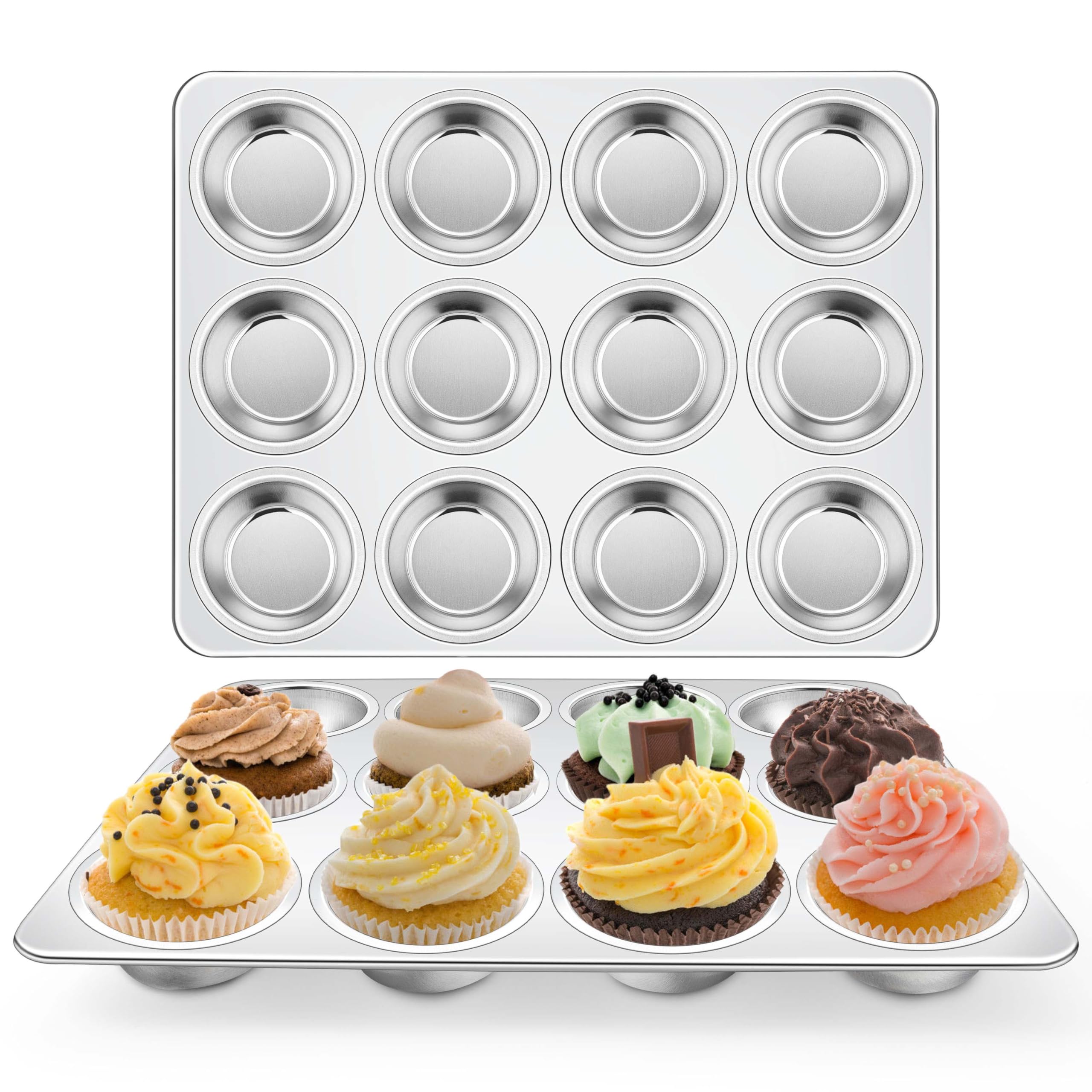 Homikit 2 Pack Muffin Pan, Stainless Steel Cupcake Tin with 12 Cups Regular Size, 13.8" x 10.4" Nonstick Metal Egg Bites Tray for Oven Baking, Non Toxic & Rust Free, Easy Release & Dishwasher Safe