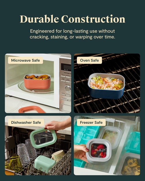Caraway Mini Square Food Storage Container - 1.75 Cup Glass Storage Container for Food - Non-Toxic Ceramic-Coated Glass - Air Release Technology - Compact & Stackable Design - Cream