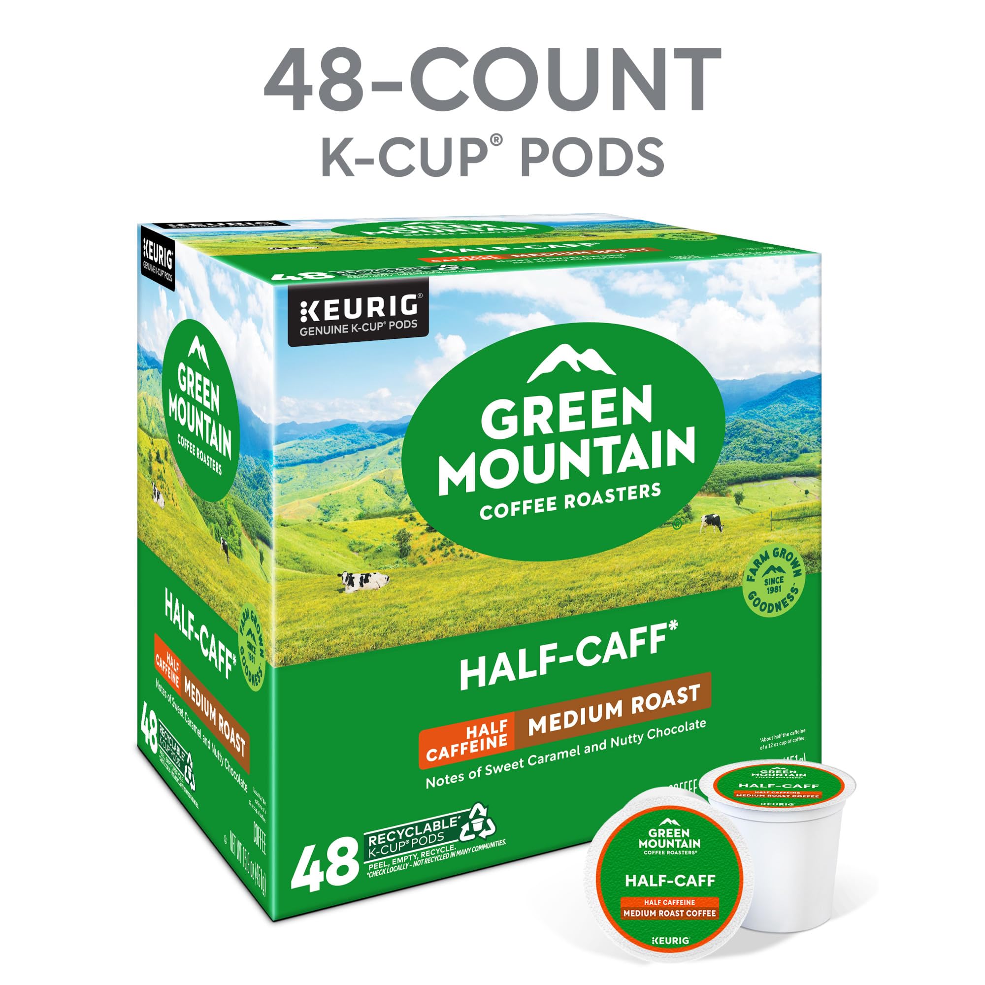Green Mountain Coffee Roasters Half Caff, Single-Serve Keurig K-Cup Pods, Medium Roast Coffee Pods, 48 Count
