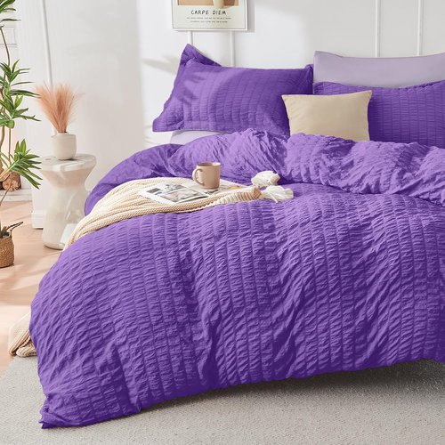 HYMOKEGE Full Size Comforter Set - Dark Purple & Lavender Seersucker | 7-Piece All-Season Luxury Bedding Set