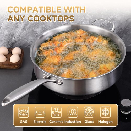 Inqibee Stainless Steel Saute Pan with Lid, 7 QT 12 Inch Tri-Ply Stainless Steel Deep Frying Pan, Large Skillet, Induction Compatible, All Cooktops, Oven & Dishwasher Safe