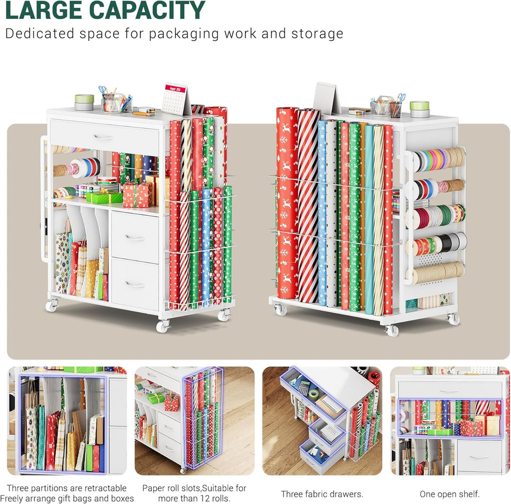 PUNLUXU Wrapping Paper Storage Cart - Rolling Gift Wrap Station with Ribbon & Gift Bag Organizer