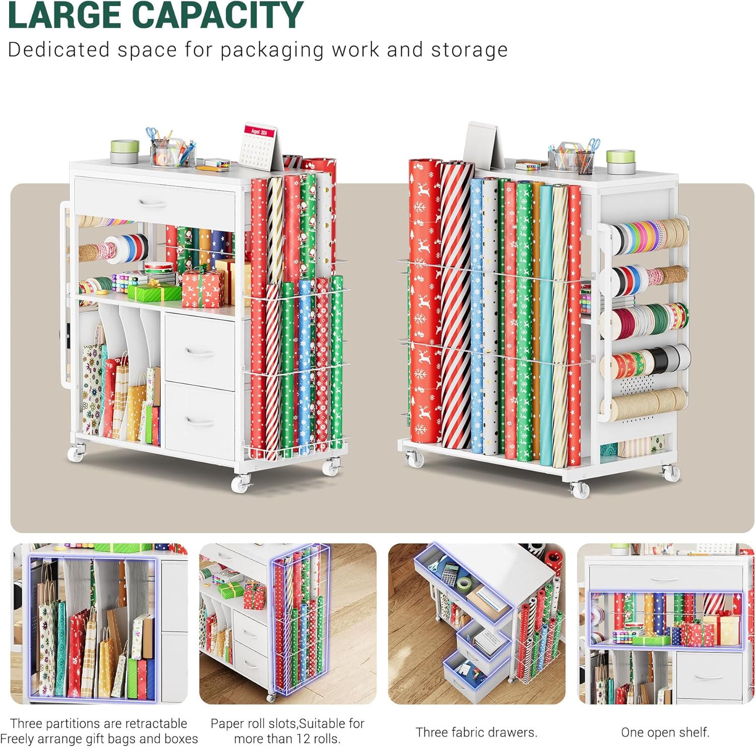 PUNLUXU Wrapping Paper Storage Cart - Rolling Gift Wrap Station with Ribbon & Gift Bag Organizer