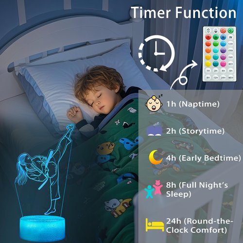 POSSHE Karate Girl Night Light, Karate Gifts, Taekwondo 3D Illusion Lamp with 16 Colors Changing, Timer, 4 Flash Modes and Dimmable, Kids Girls Room Decoration, Holiday Xmas Gifts