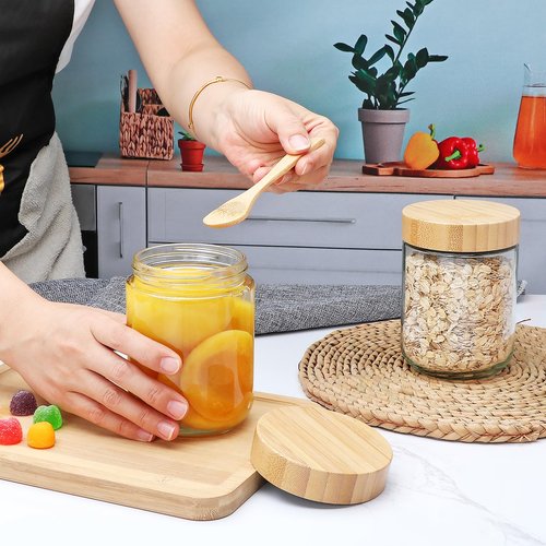 Encheng 16oz Glass Jars with Lids, Overnight Oats Containers with Bamboo Lids, Wide Mouth Glass Mason Jar Food Storage Containers for Salad,Yogurt,Meal Prep,6 Pack