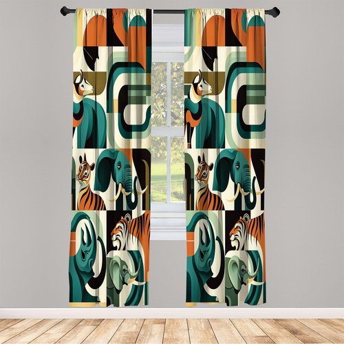Ambesonne Animals Curtains, Urban Jungle Themed Modern Boho Detail Roundy Fox Elephant Tiger Print, Window Treatments 2 Panel Set for Living Room Bedroom, Pair of - 28" x 63", Dark Orange Teal Beige