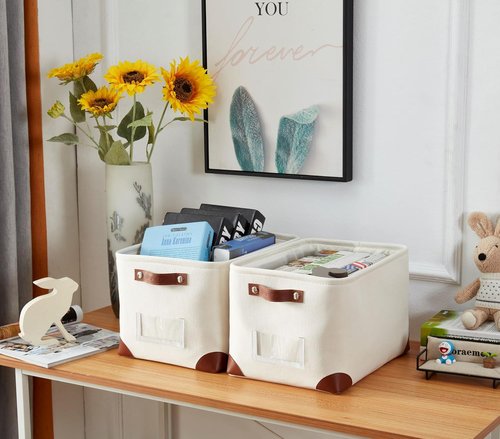 DECOMOMO White Storage Bins - Large Fabric Baskets for Shelf & Linen Closet Organization | 3 Pack with Label Holders