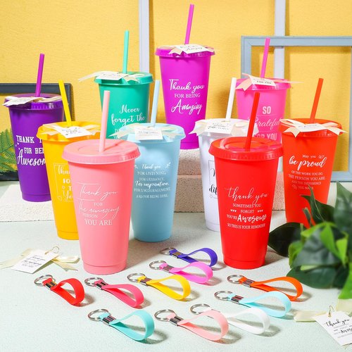 Tioncy 50 Sets Group Appreciation Gifts 24oz Plastic Appreciation Tumblers with Lids Straws Keychains Cards Thank You Cups for Office Employee Staff Teacher Team-building Graduation Gifts(Fresh)
